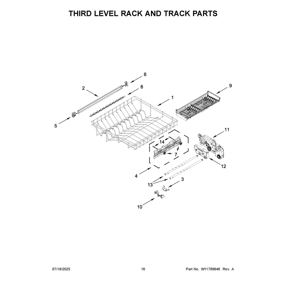 Third Level Rack And Track Parts Diagram and Parts List for KDTS424SBE0  KitchenAid Dishwasher
