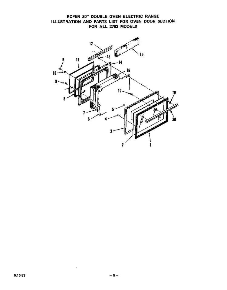 Oven Door Diagram and Parts List for 2763*0A  Roper Range