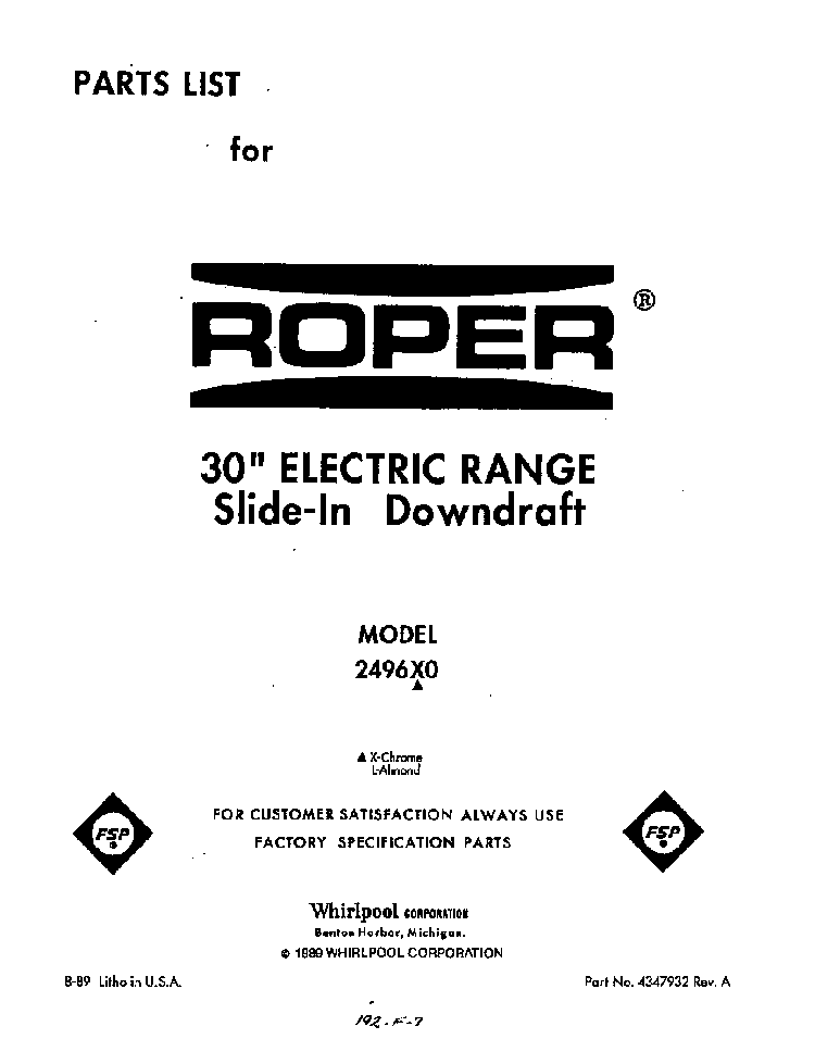 Front Cover Diagram and Parts List for 2496*0A  Roper Range