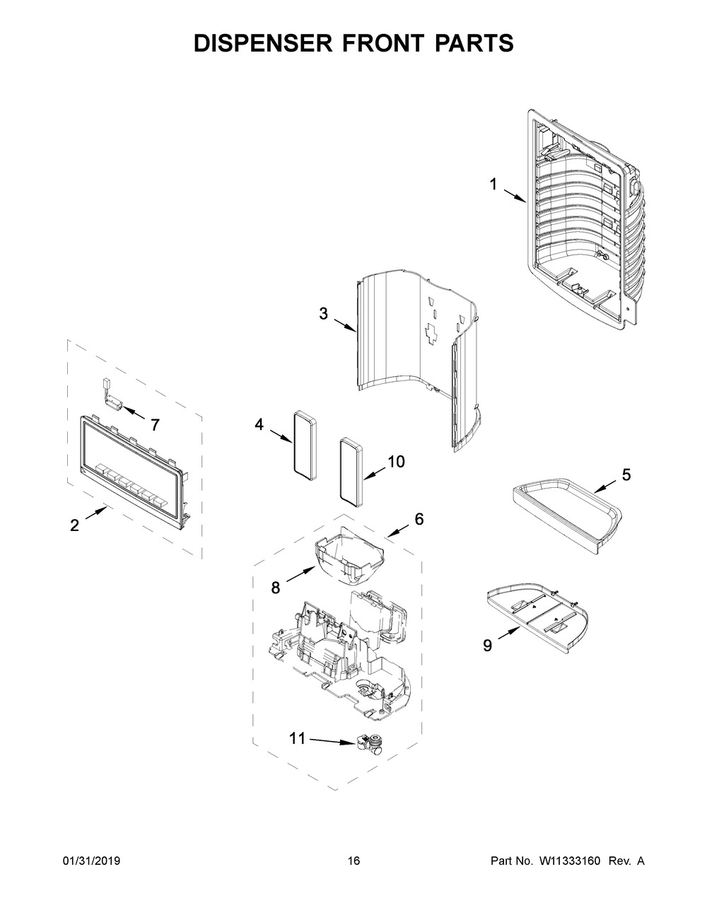 Dispenser Front Parts Diagram and Parts List for WRF555SDFZ09  Whirlpool Refrigerator