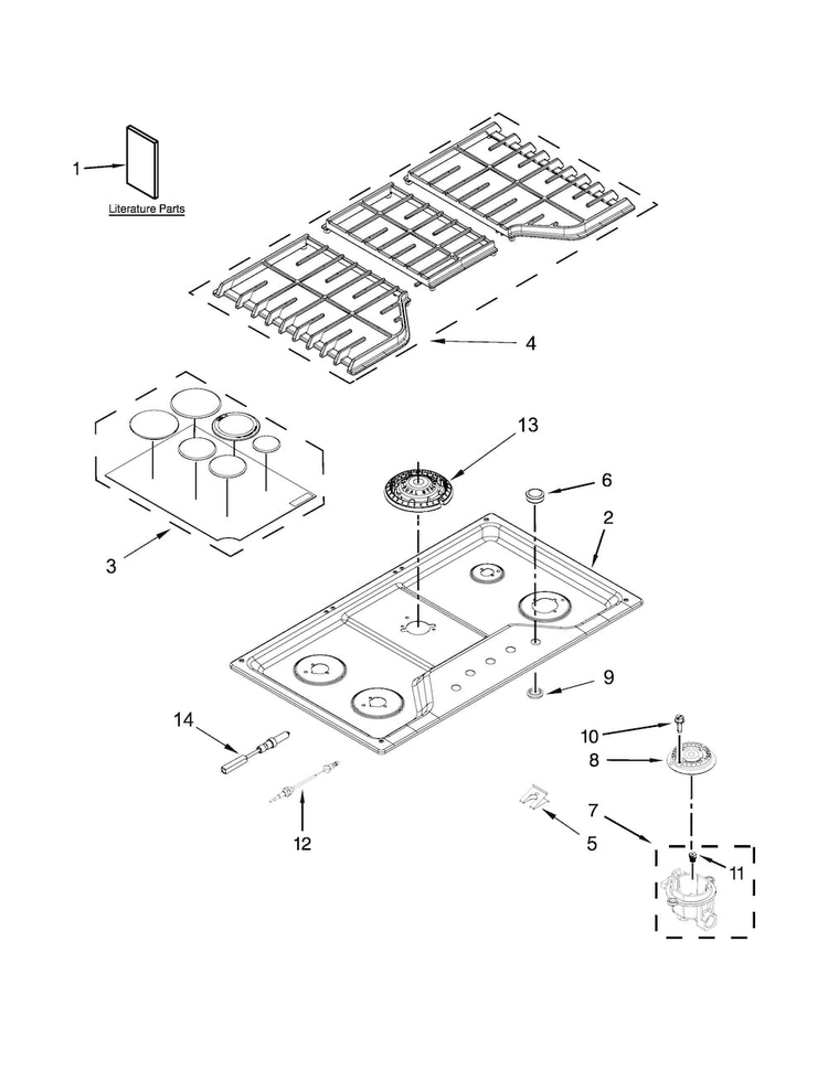 Cooktop, Burner And Grate Parts Diagram and Parts List for KCGS356ESS00  KitchenAid Cooktop