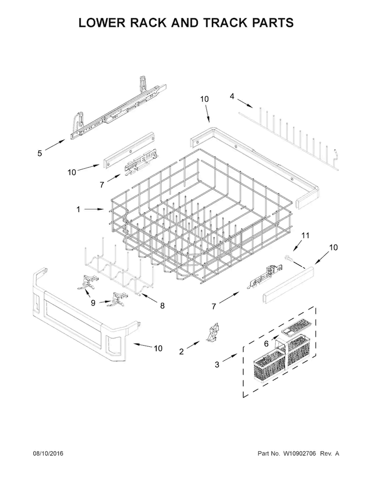 Lower Rack And Track Parts Diagram and Parts List for KDTM804ESS1  KitchenAid Dishwasher