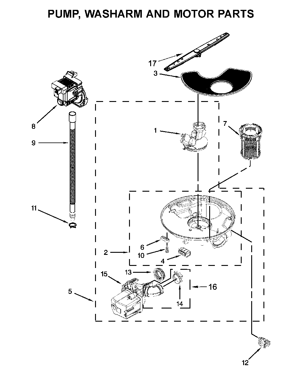 Pump, washarm and motor parts Diagram and Parts List for WDF520PADB9  Whirlpool Dishwasher
