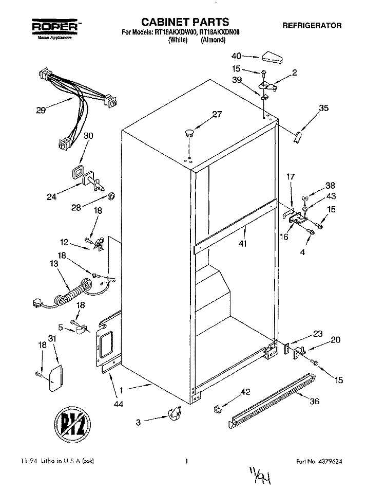CABINET Diagram and Parts List for RT18AKXDW00  Roper Refrigerator