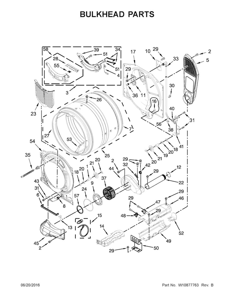 Bulkhead Parts Diagram and Parts List for WED92HEFBD0  Whirlpool Dryer