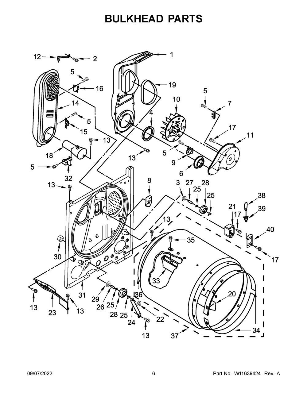Bulkhead Parts Diagram and Parts List for WGD500RLW0  Whirlpool Dryer
