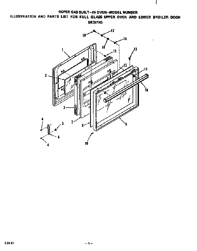 Glass Upper Oven And Lower Broiler Door Diagram and Parts List for B6757*0  Roper Range