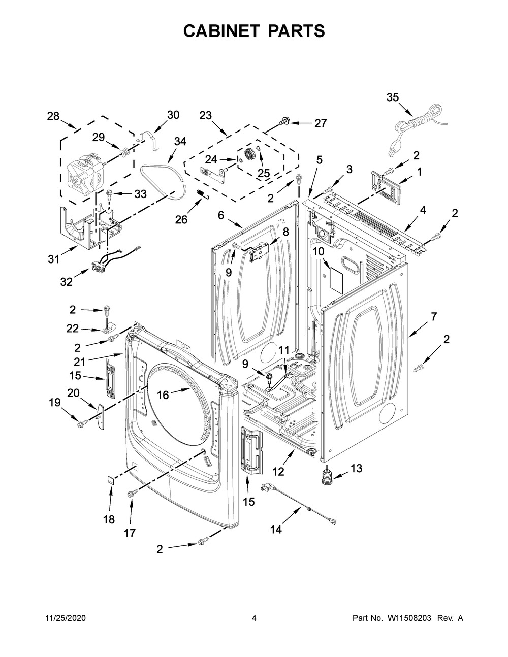 Cabinet Parts Diagram and Parts List for 8TWGD5620HW1  Whirlpool Dryer