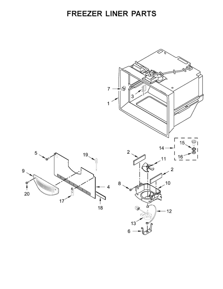 Freezer Liner Parts Diagram and Parts List for KFIS29PBMS03  KitchenAid Refrigerator