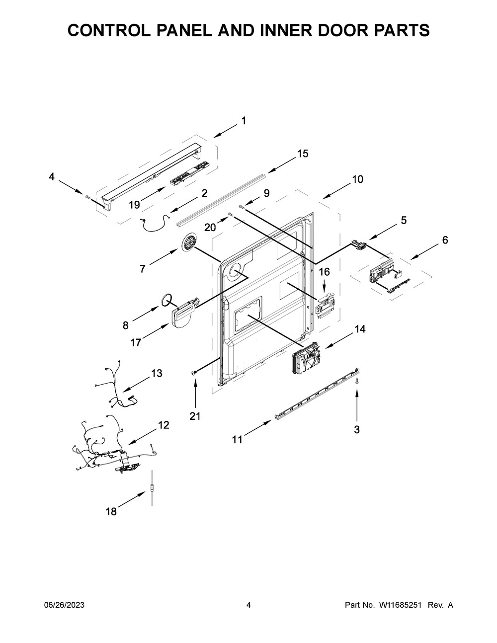Control Panel And Inner Door Parts Diagram and Parts List for WDPA70SAMZ2  Whirlpool Dishwasher