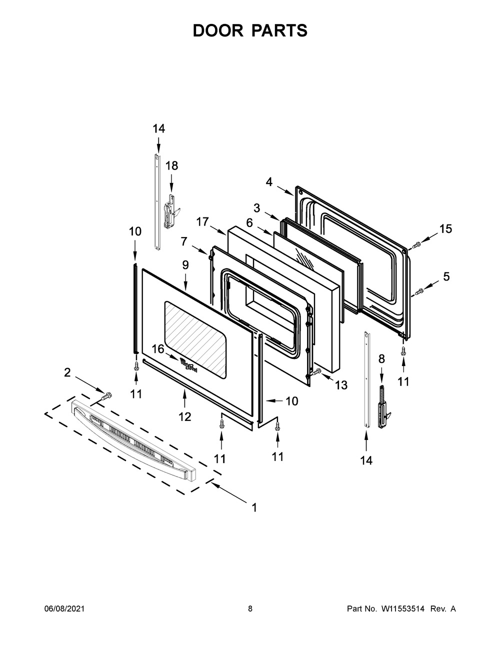 Door Parts Diagram and Parts List for WFE550S0HW2  Whirlpool Range