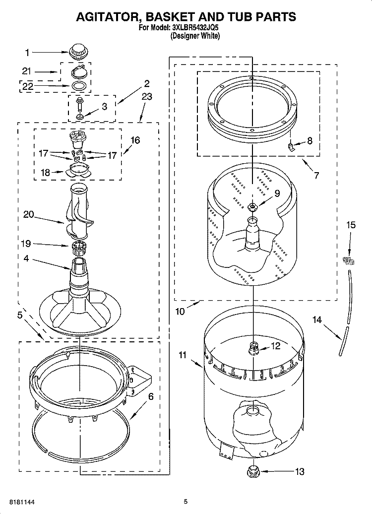 AGITATOR, BASKET AND TUB PARTS Diagram and Parts List for 3XLBR5432JQ5  Whirlpool Washer