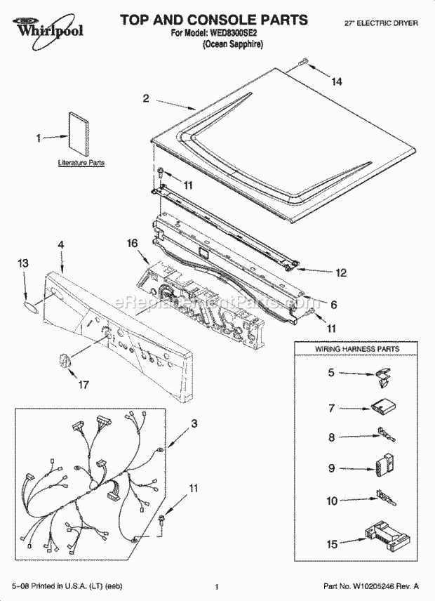 Top And Console Parts Diagram and Parts List for WED8300SE2  Whirlpool Dryer