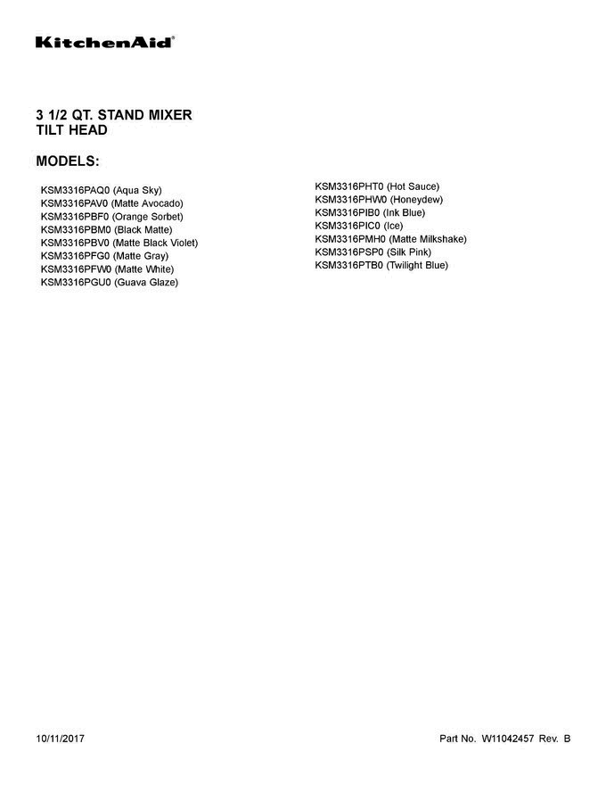 01 - Cover Sheet Diagram and Parts List for KSM3316PBV0  KitchenAid Mixer