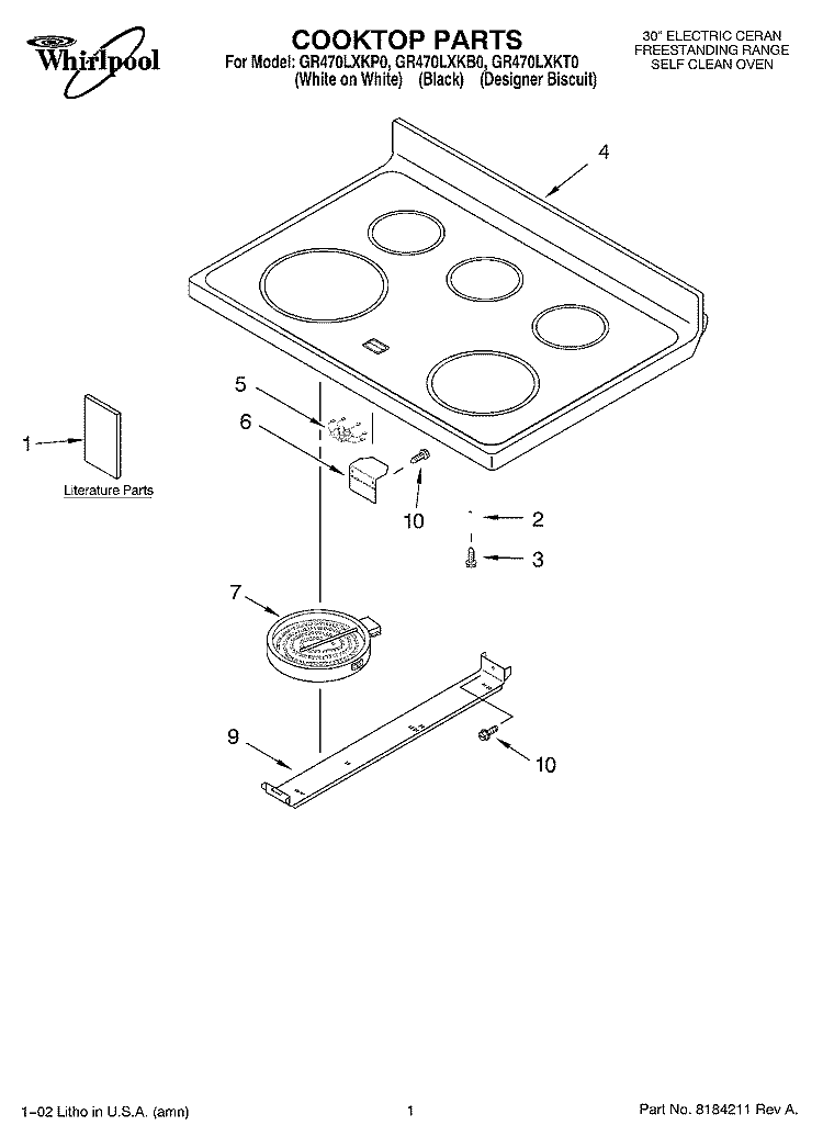 COOKTOP, LITERATURE Diagram and Parts List for GR470LXKT0  Whirlpool Range