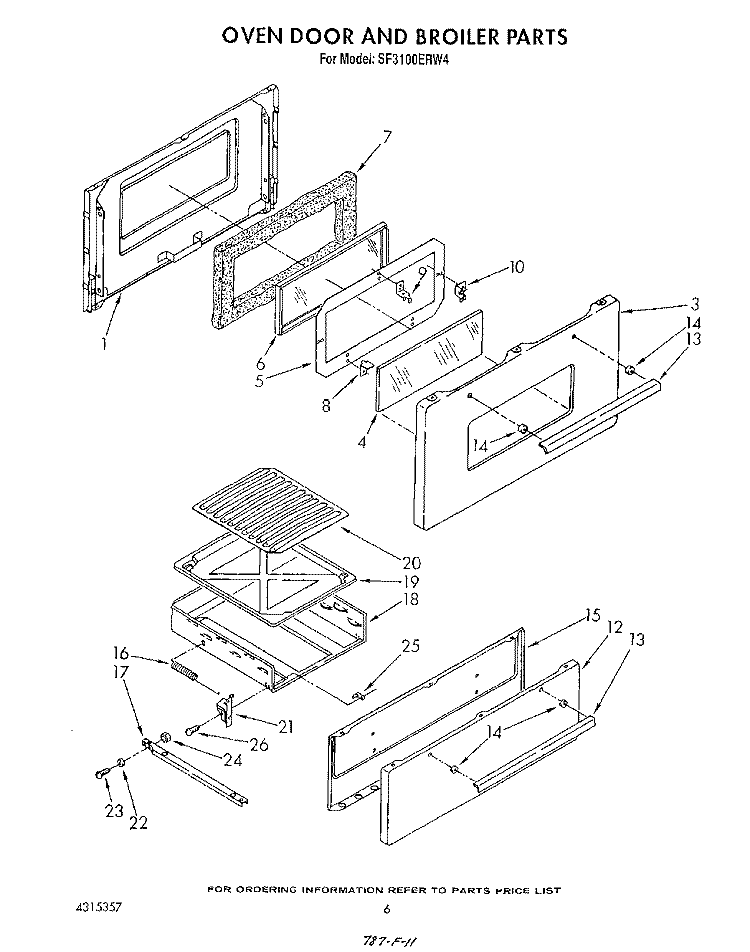 OVEN DOOR AND BROILER Diagram and Parts List for SF3100ERW4  Whirlpool Range