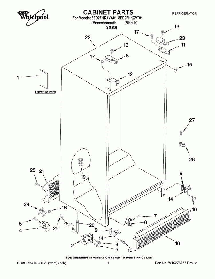 CABINET PARTS Diagram and Parts List for 8ED2FHKXVT01  Whirlpool Refrigerator