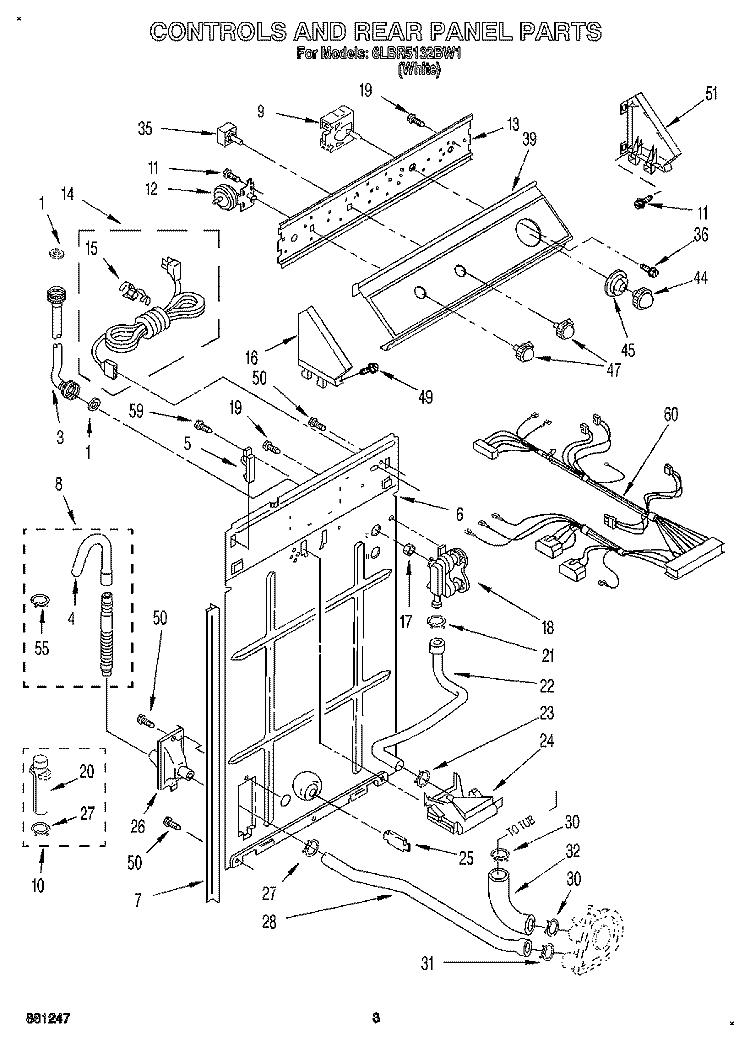CONTROLS AND REAR PANEL Diagram and Parts List for 6LBR5132BW1  Whirlpool Washer