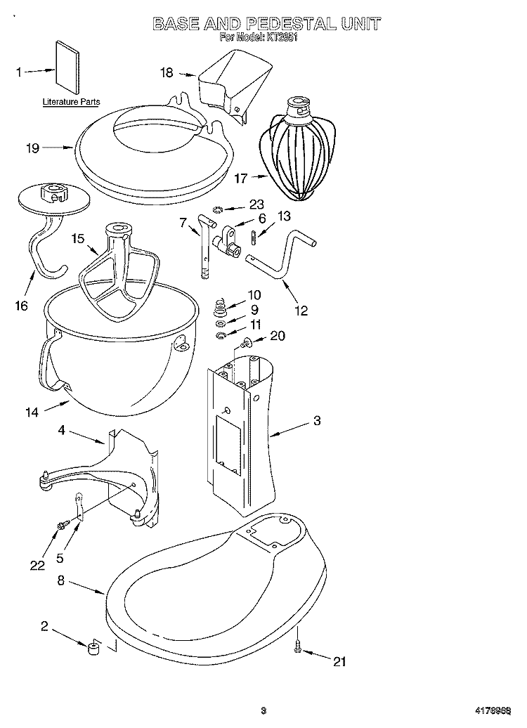 BASE AND PEDESTAL UNIT, LITERATURE Diagram and Parts List for KT2651  KitchenAid Mixer
