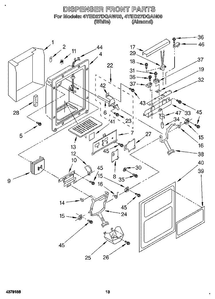 DISPENSER FRONT Diagram and Parts List for 4YED27DQAN00  Whirlpool Refrigerator