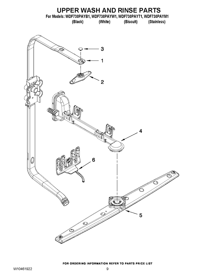 UPPER WASH AND RINSE PARTS Diagram and Parts List for WDF730PAYT1  Whirlpool Dishwasher
