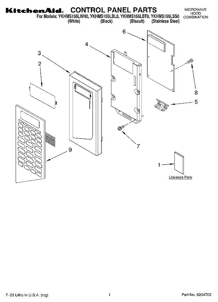 CONTROL PANEL PARTS Diagram and Parts List for YKHMS155LBL0  KitchenAid Microwave