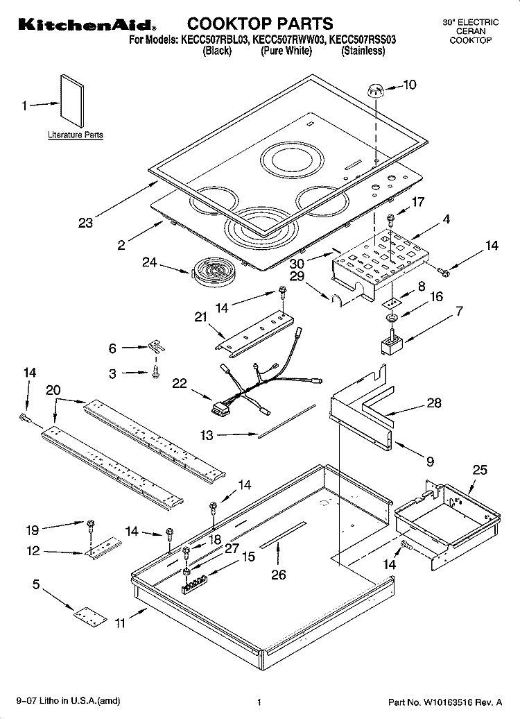 COOKTOP PARTS, OPTIONAL PARTS Diagram and Parts List for KECC507RSS03  KitchenAid Cooktop