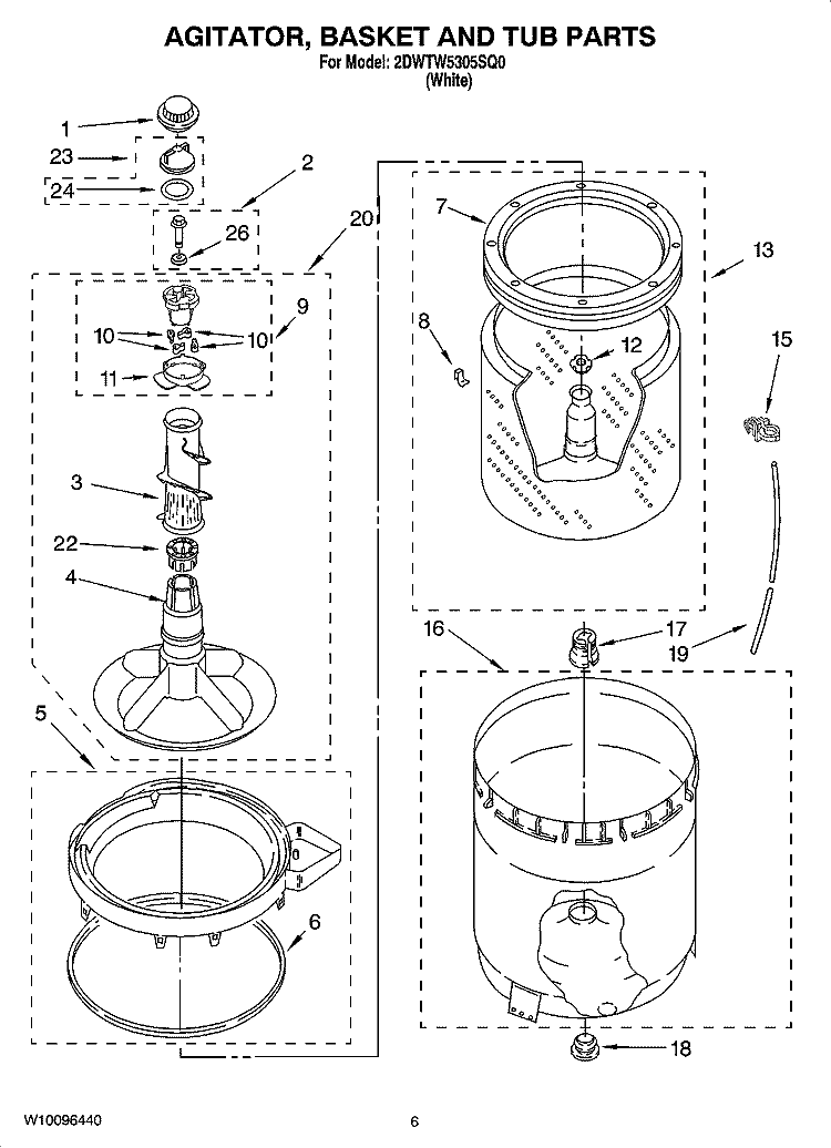 AGITATOR, BASKET AND TUB PARTS Diagram and Parts List for 2DWTW5305SQ0  Whirlpool Washer