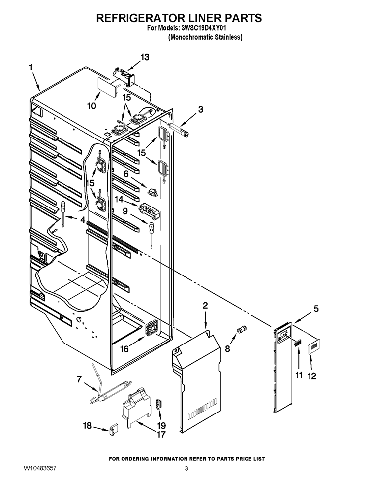 REFRIGERATOR LINER PARTS Diagram and Parts List for 3WSC19D4XY01  Whirlpool Refrigerator