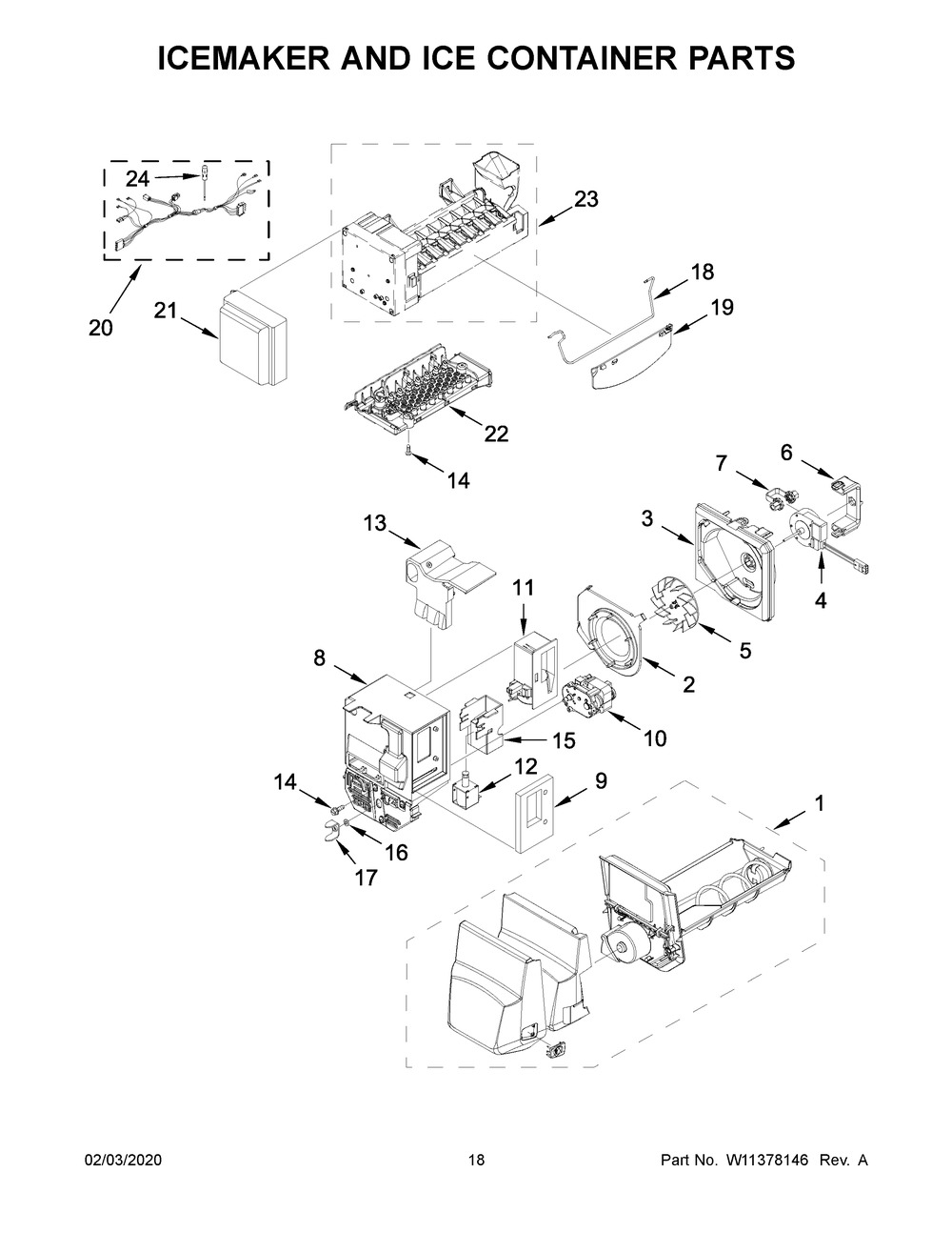 Icemaker And Ice Container Parts Diagram and Parts List for WRF555SDFZ11  Whirlpool Refrigerator