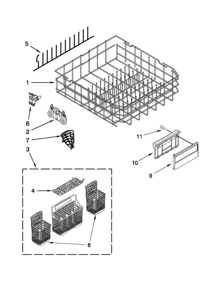 Lower Rack Parts Diagram and Parts List for 66512782K310  Kenmore Dishwasher