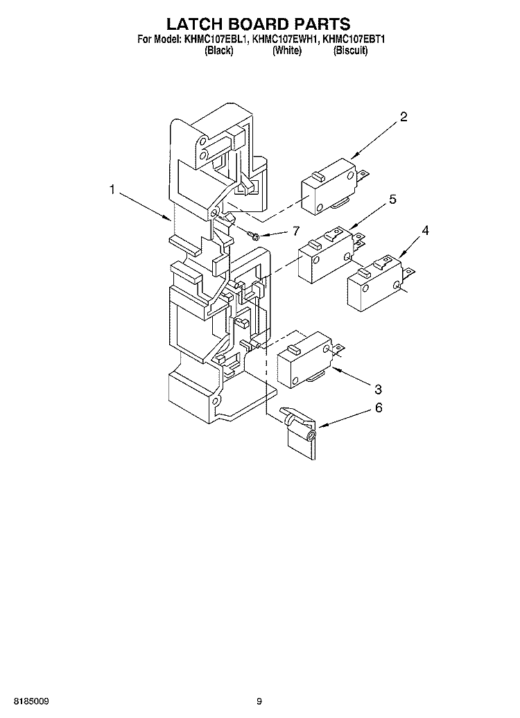 LATCH BOARD PARTS Diagram and Parts List for KHMC107EBL1  KitchenAid Microwave
