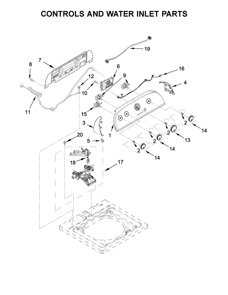 Controls And Water Inlet Parts Diagram and Parts List for 3LWTW4815FW0  Whirlpool Washer