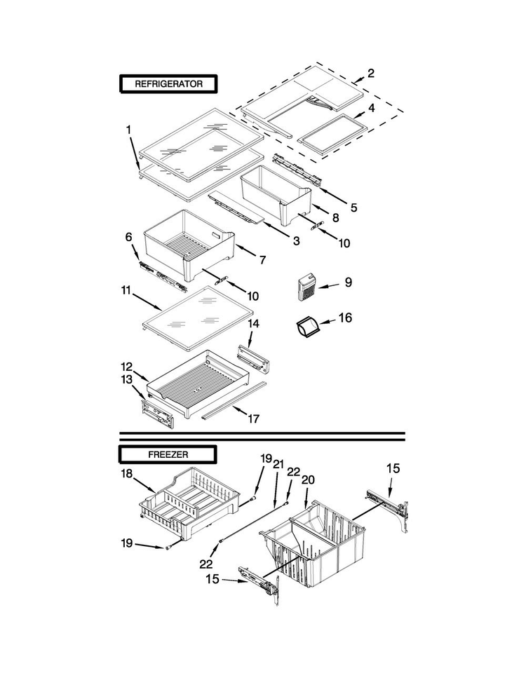 Shelf Parts Diagram and Parts List for WRF560SFYH04  Whirlpool Refrigerator