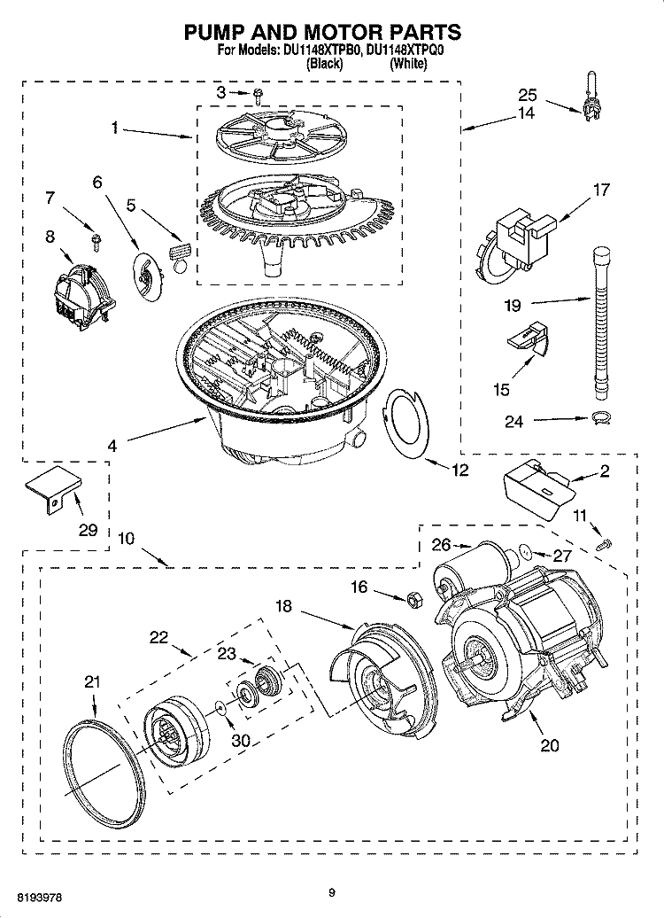PUMP AND MOTOR PARTS Diagram and Parts List for DU1148XTPB0  Whirlpool Dishwasher