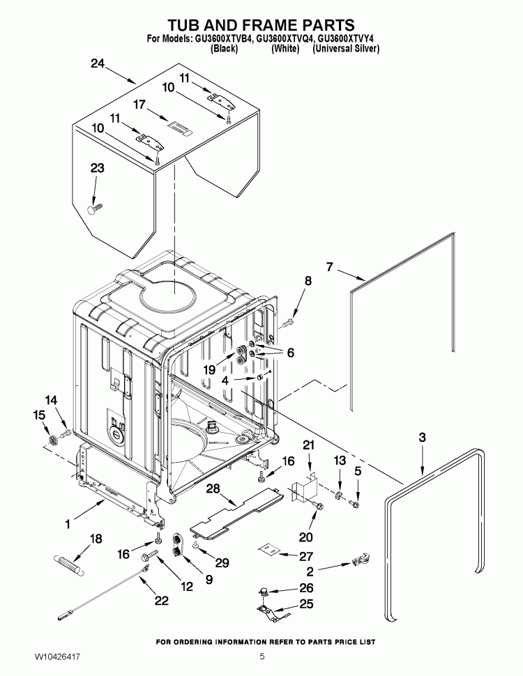 TUB AND FRAME PARTS Diagram and Parts List for GU3600XTVB4  Whirlpool Dishwasher