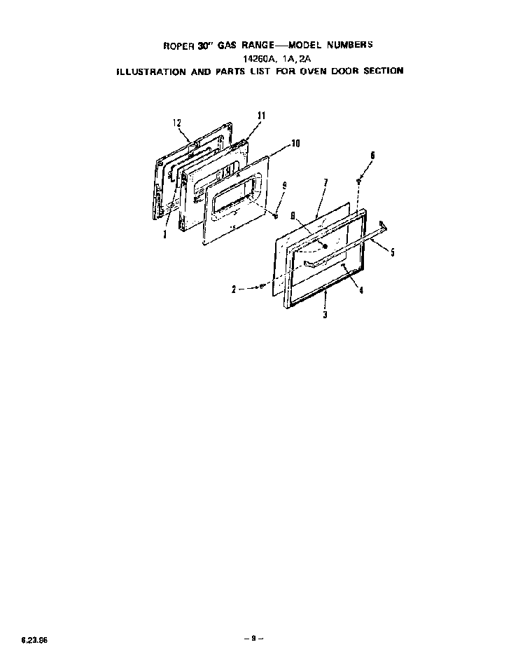 Oven Door Diagram and Parts List for 1416*0A  Roper Range