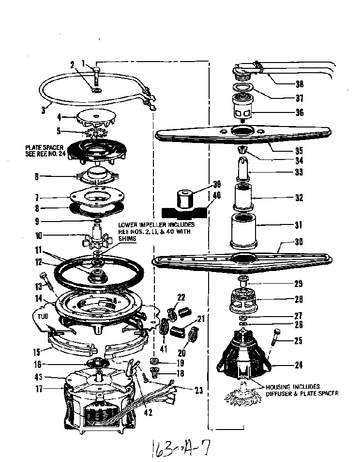 Motor, Heater And Spray Arm Diagram and Parts List for 8595*00  Roper Dishwasher