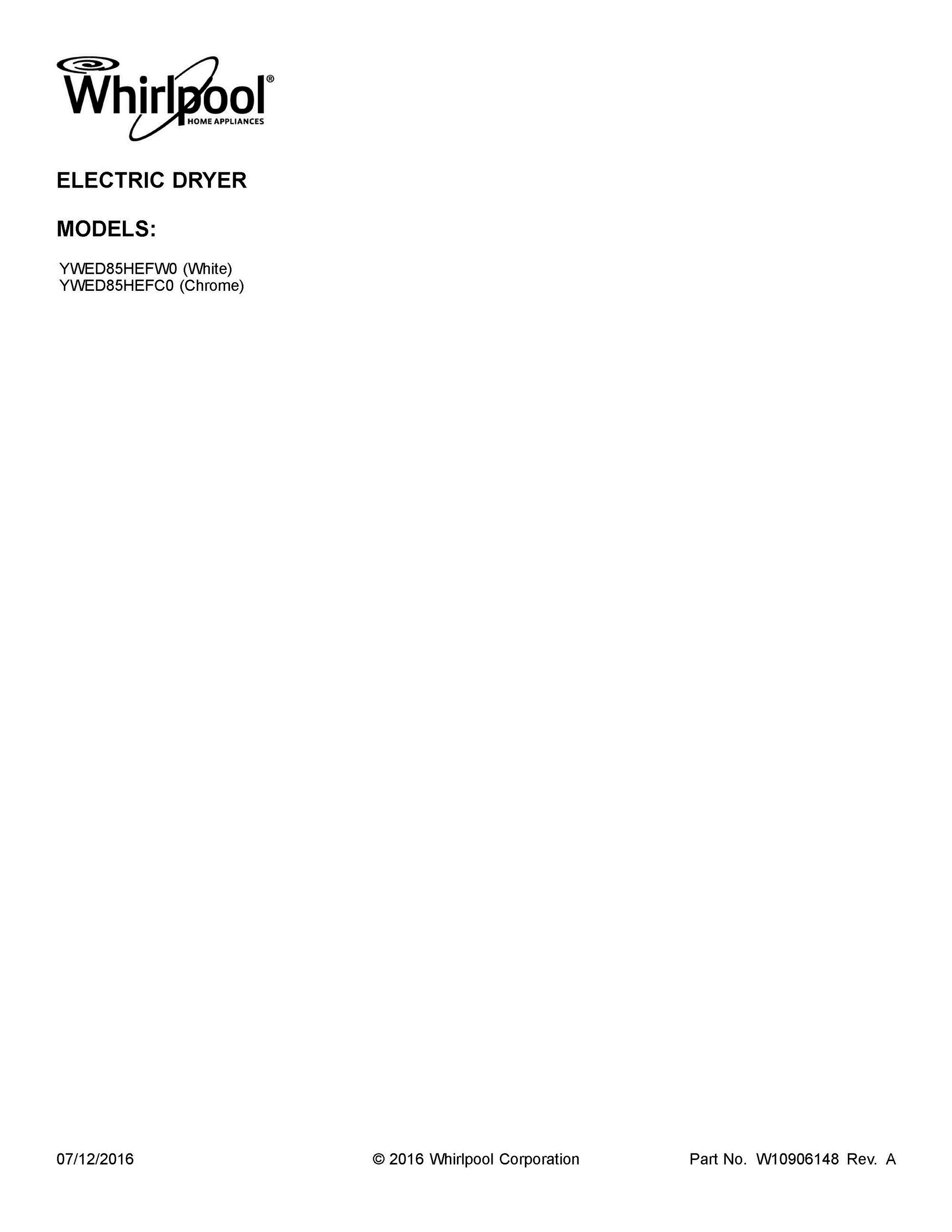 01 - COVER SHEET Diagram and Parts List for YWED85HEFC0  Whirlpool Dryer