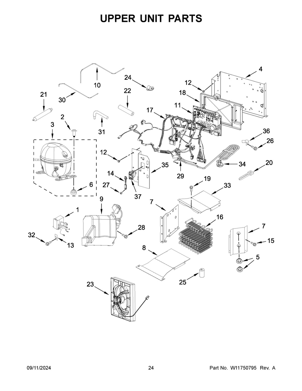 13 - Upper Unit Parts Diagram and Parts List for JBSS42E22L01  Whirlpool Refrigerator