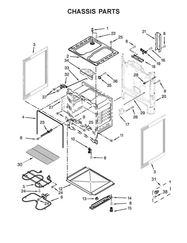 Chassis Parts Diagram and Parts List for WFC310S0EW0  Whirlpool Range