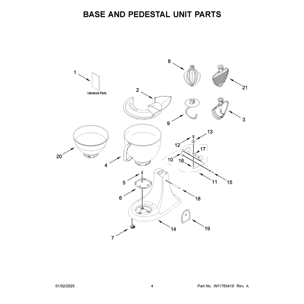 Base And Pedestal Unit Parts Diagram and Parts List for KSM195PSBT5  KitchenAid Mixer