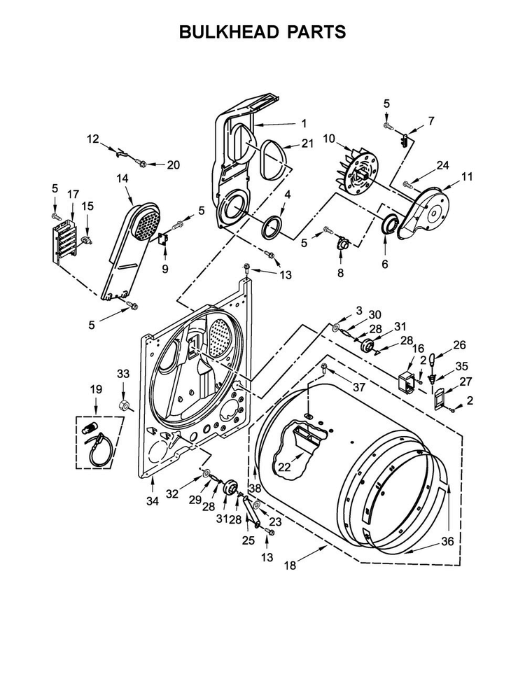 Bulkhead Parts Diagram and Parts List for 11065212610  Kenmore Dryer