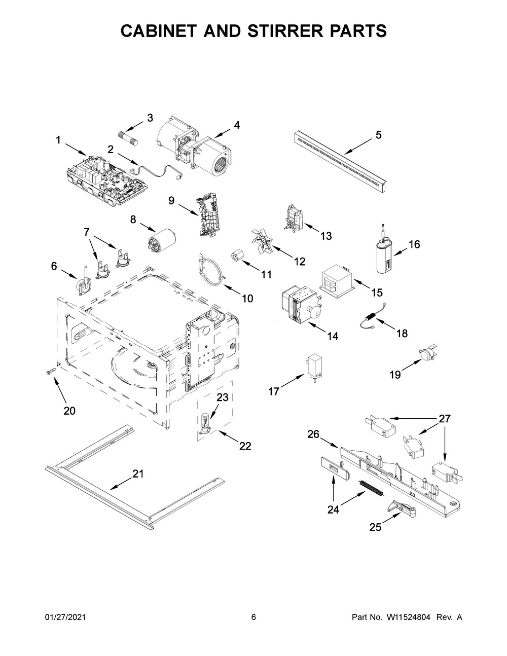 Cabinet And Stirrer Parts Diagram and Parts List for JMC6224HM0  Whirlpool Microwave
