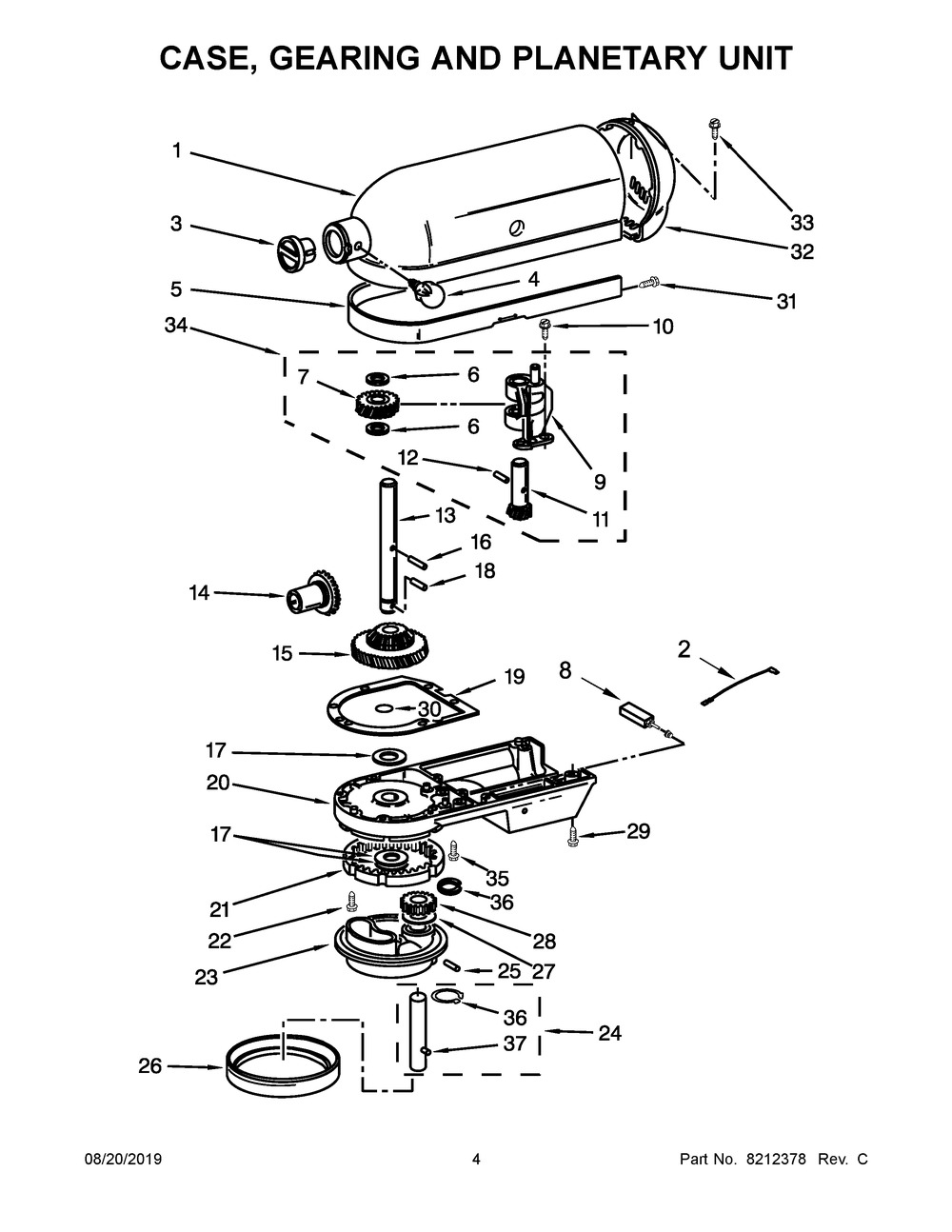 Case, Gearing And Planetary Unit Diagram and Parts List for 5KPM5BOB4  Whirlpool Mixer