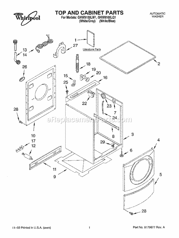 TOP AND CABINET, LITERATURE Diagram and Parts List for GHW9100LW1  Whirlpool Washer