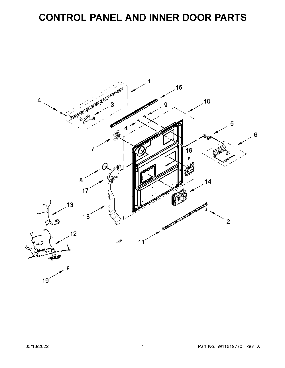Control Panel And Inner Door Parts Diagram and Parts List for KDTM704KPS1  KitchenAid Dishwasher