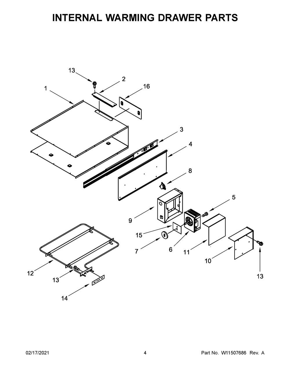 Internal Warming Drawer Parts Diagram and Parts List for KOWT100EBS00  Whirlpool Microwave Oven Combo