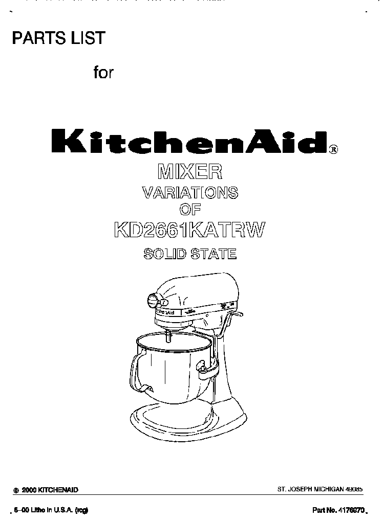 Cover Diagram and Parts List for KD2661KATRW  KitchenAid Mixer