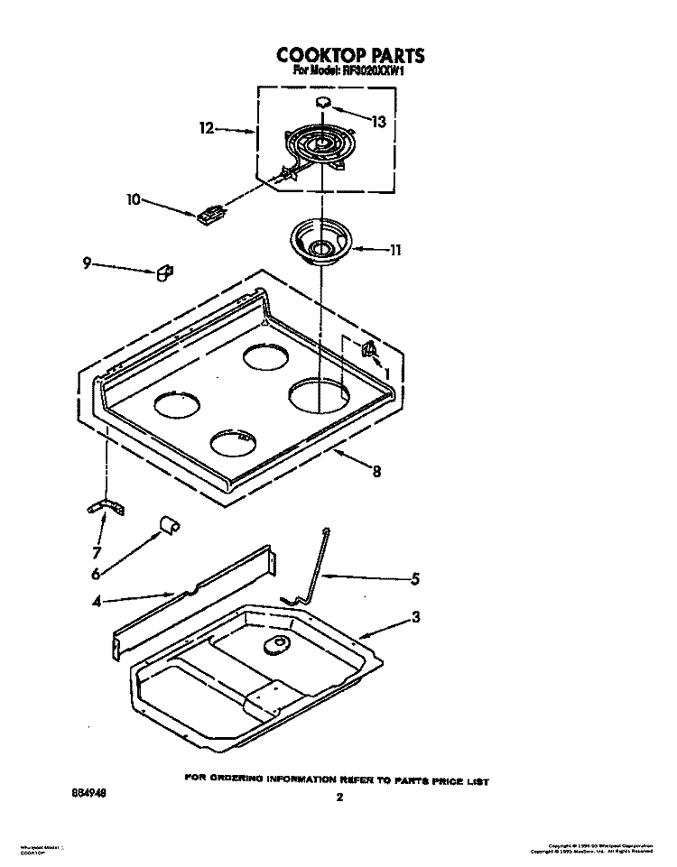 COOKTOP, LIT/OPTIONAL Diagram and Parts List for RF3020XXW1  Whirlpool Range